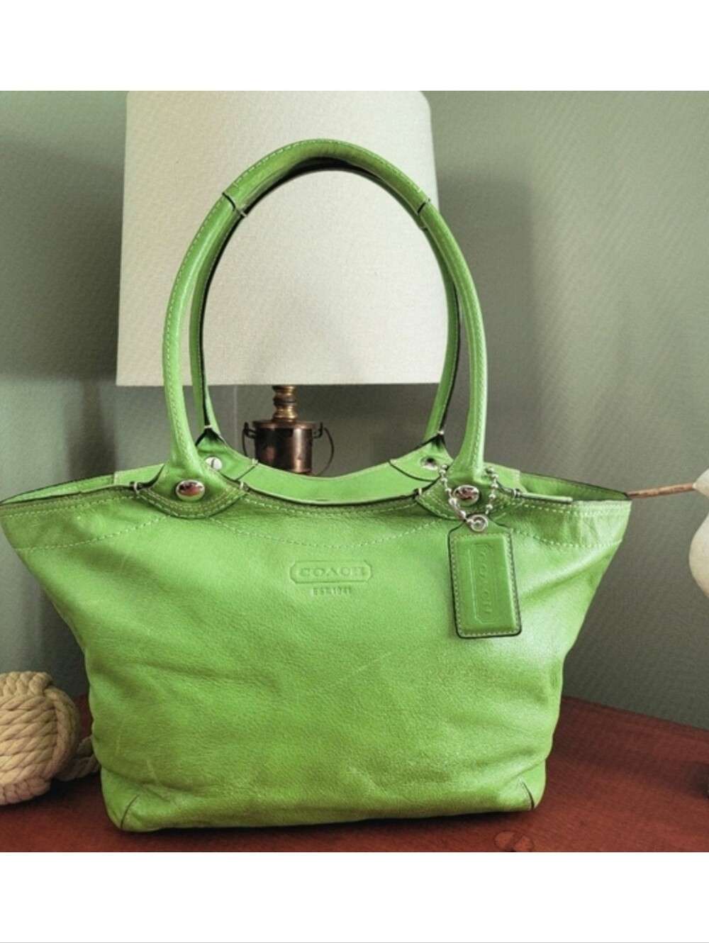 Coach F14383 Bleecker Green Leather Tote Shoulder Bag